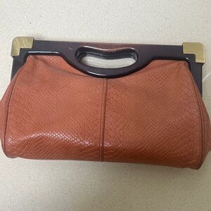 Rebecca Minkoff Livers Brown Snakeskin Handheld Clutch with Wooden Handle